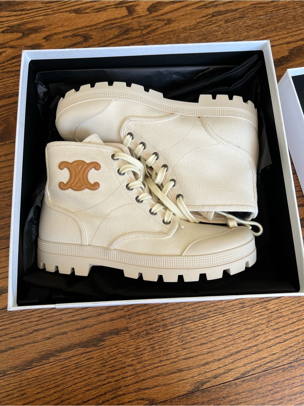 Celine Cream Canvas Lace-Up Boot with Tan Triomphe logo - Picture 2 of 11